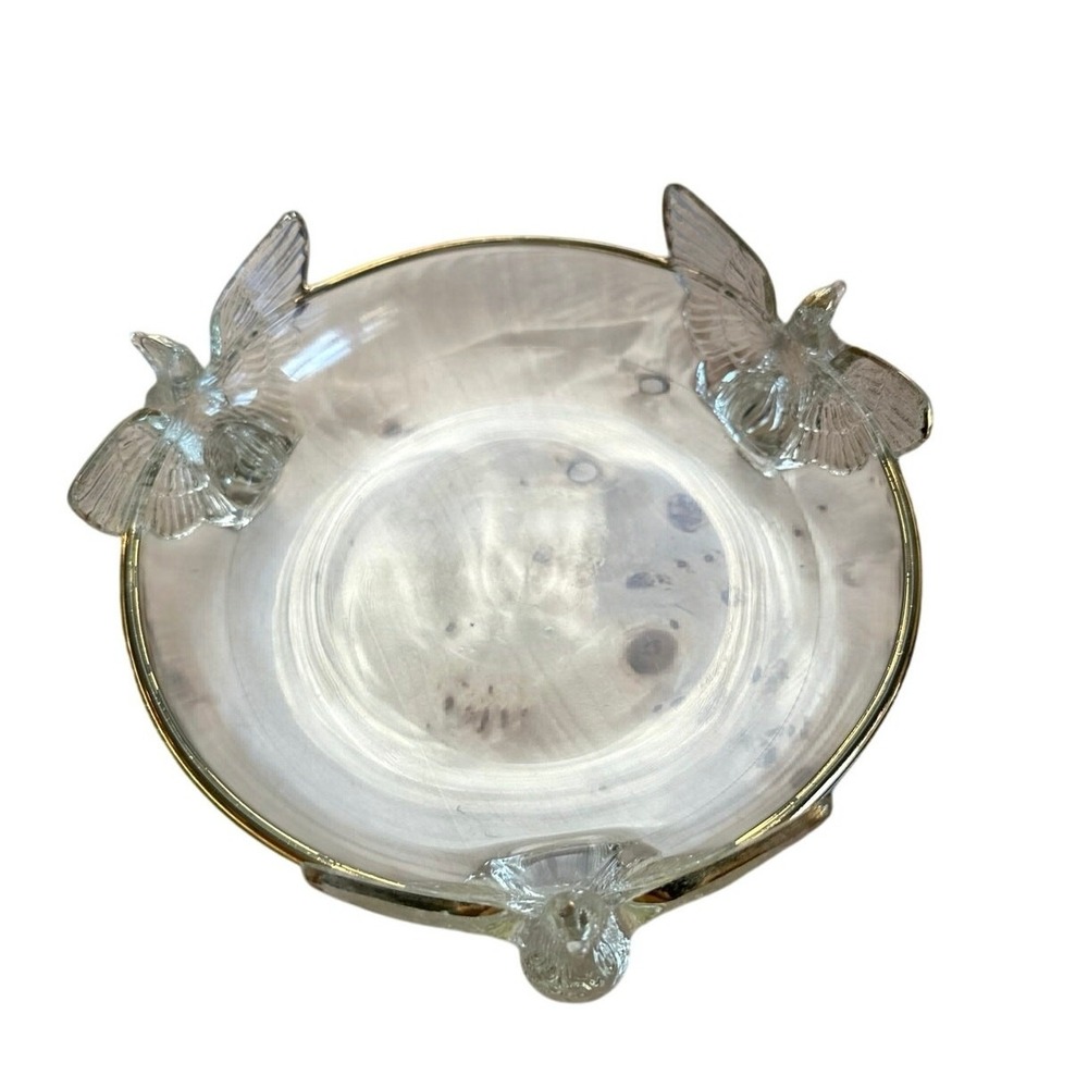 Vintage Clear Glass Bird Tripod Trinket Dish Gold Rim 3 Bird Feet Catchall